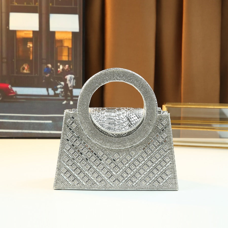 V-Shape Rhinestone Mini Square Bag for Women Evening Party Shoulder Crossbody Handbag, Sparkly Purse with Statement Large Ring Handle