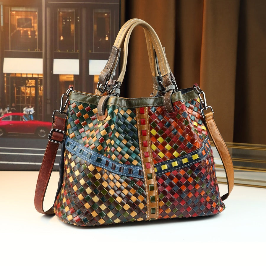 Vintage Woven Tote Bag for Women Top Layer Cowhide Large Capacity Shoulder Crossbody Handbag, Fashion Purse with Artisan Texture