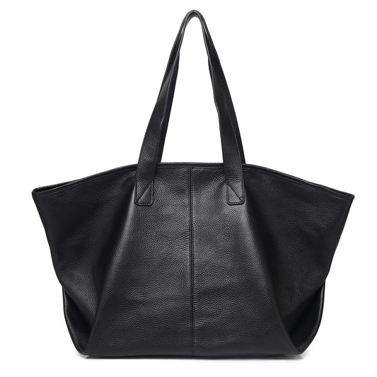 Solid Black Soft Top Layer Cowhide Large Tote, Versatile Commute Shoulder Handbag, Stylish Everyday Bag for Women