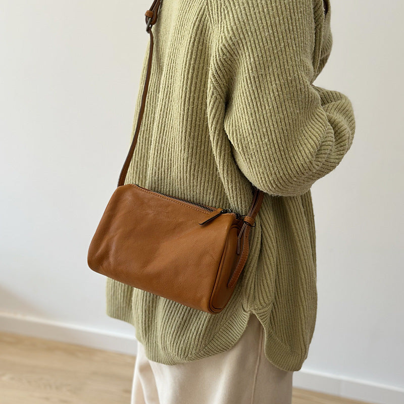 Genuine Vegetable-Tanned Top Layer Cowhide Mini Square Bag for Women, New Spring Crossbody Top Handle Purse, Pencil Case Style Small Handbag for Ladies