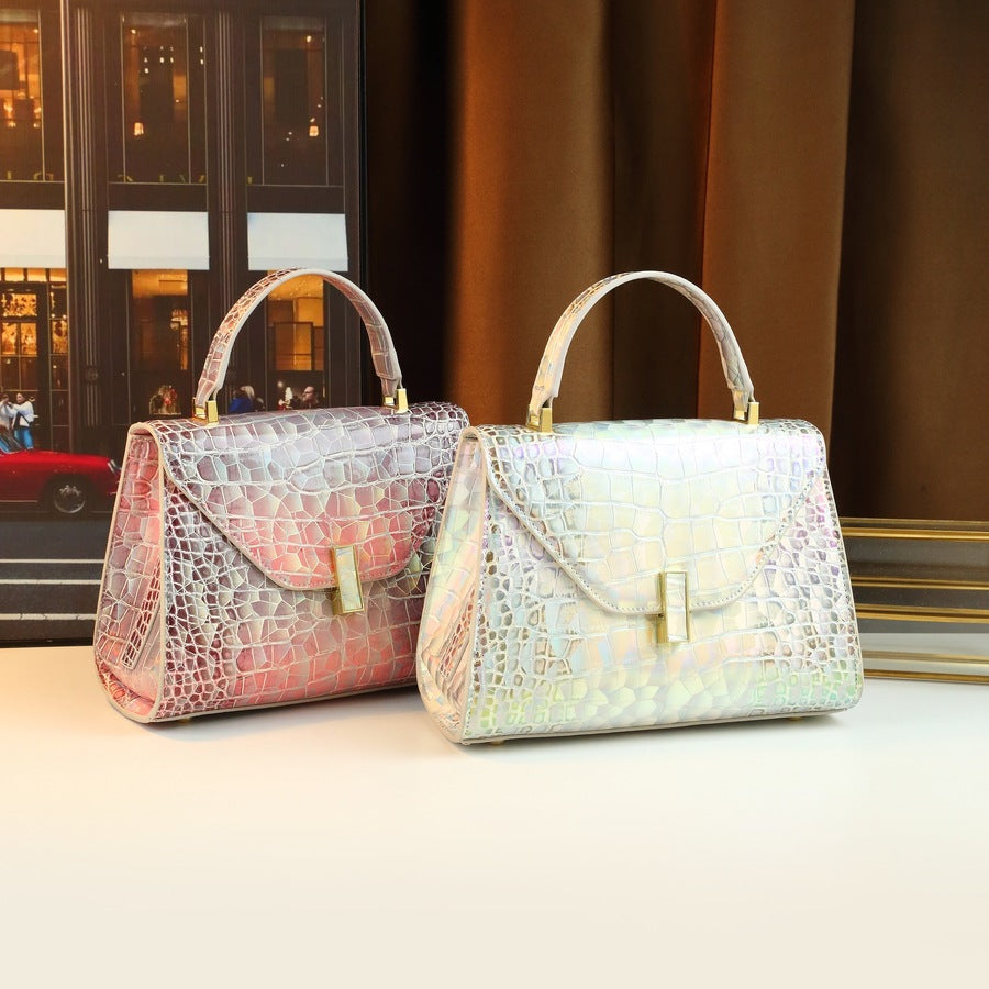Chic Iridescent Croc-Effect Small Square Bag for Women, A Light Luxury Top-Handle Crossbody Shoulder Handbag with Shimmering Finish, Perfect for Summer Style