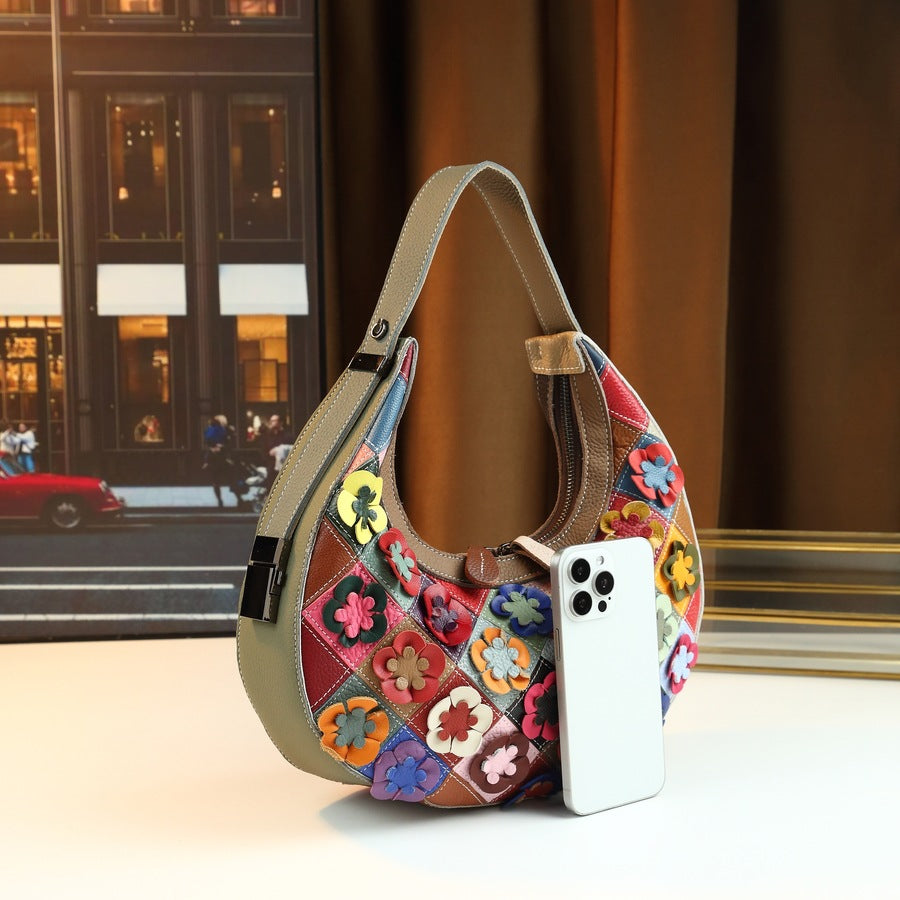 New Arrival Handmade Floral Genuine Leather Bag for Women, A Colorful Flower Patchwork Shoulder Crossbody Top-Handle Handbag with Unique Design