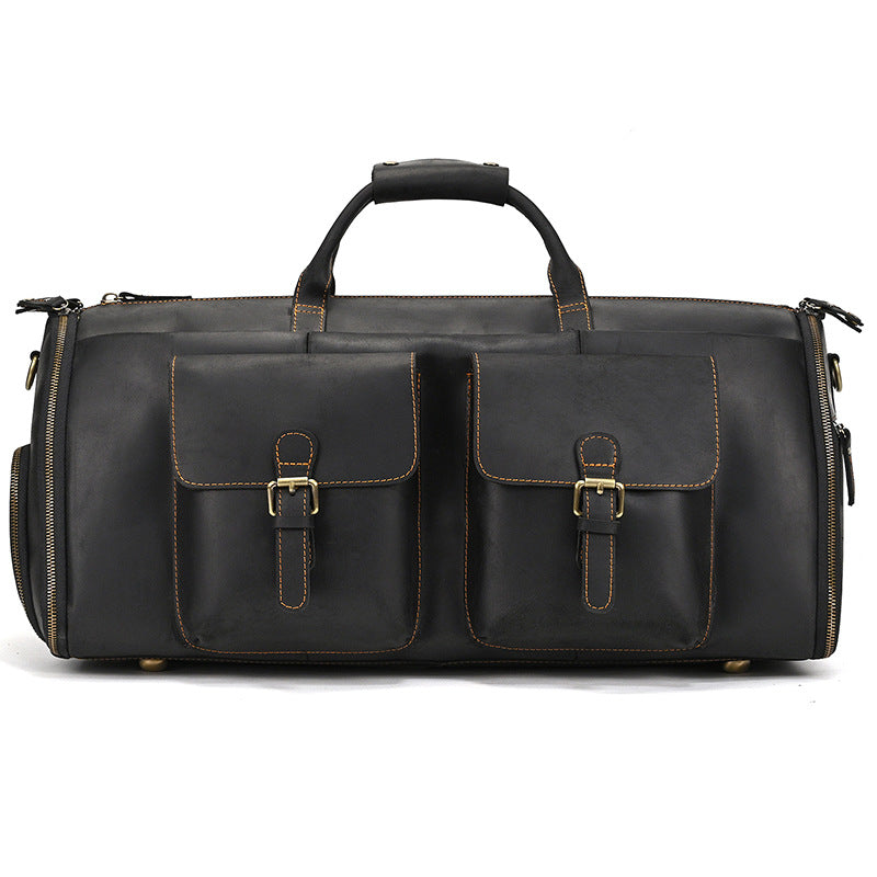 Genuine Leather Foldable Suit Travel Duffle, Multifunctional Garment Bag with Wet-Dry Compartments, Perfect Gym Weekender for Men and Women