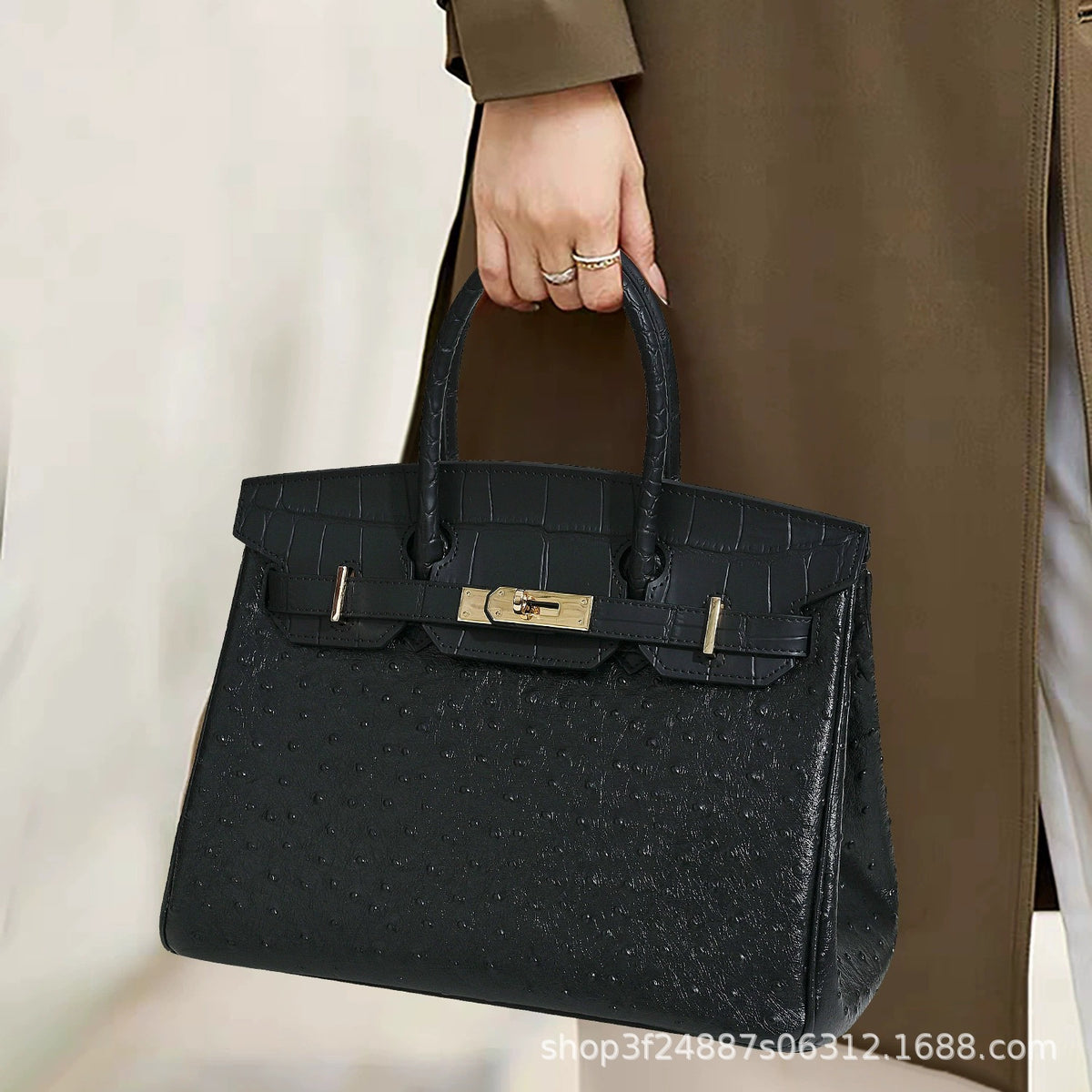 Premium Ostrich-Embossed Birkin-Inspired Tote Bag for Women, Top-Layer Cowhide Leather with Spacious Large Capacity, Ideal Business Commuter Top-Handle Handbag for Work & Everyday