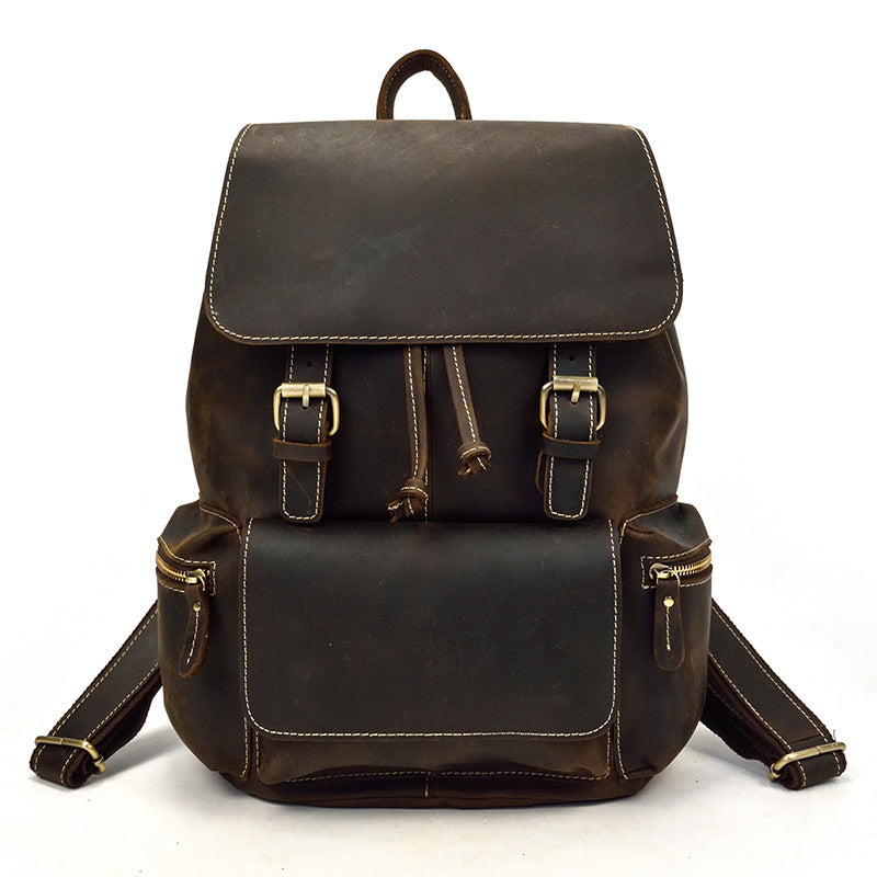 Men's Crazy Horse Leather Backpack Vintage Travel Daypack for Women Students, Genuine Leather Casual Rucksack Large Capacity