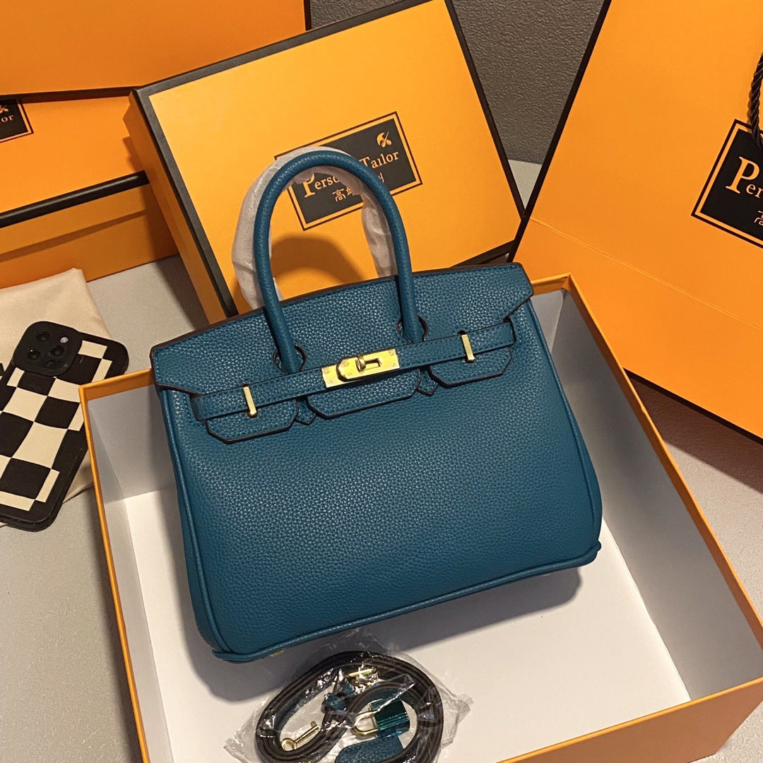 Genuine Pebbled Leather Birkin-Style Gold Hardware Large Capacity Handbag for Women, European Fashion Top Handle Purse, Trendy Casual Tote Bag for Ladies