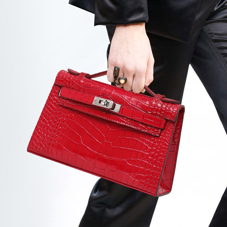 Genuine Leather Red Crocodile-Embossed Kelly-Style Handbag for Women, New Premium Shoulder Crossbody Top Handle Purse, Chic Bag for Ladies