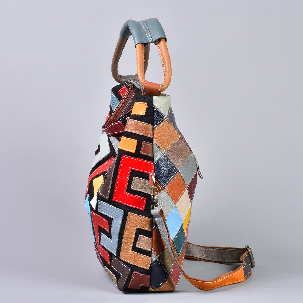 Genuine Leather Geometric Pattern Tote Bag for Women, Large Capacity Top Handle Crossbody Shoulder Purse, Handmade Cowhide Handbag for Ladies
