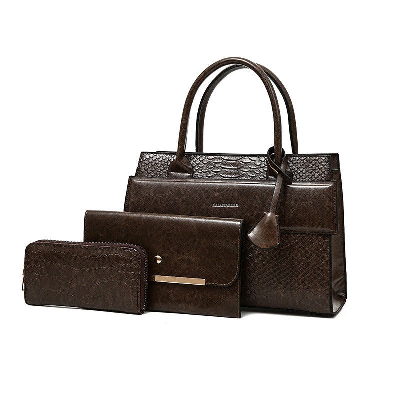 New Arrival Vintage Croc-Effect 3-Piece Handbag Set for Women, A Large Capacity Crossbody Top-Handle Commuter Bag with Versatile Elegant Design, Perfect Everyday Set