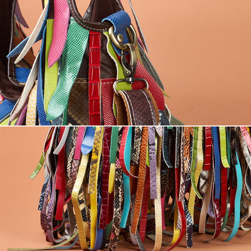 Genuine Leather Colorful Tassel Hobo Bag for Women, New Arrival Large Capacity Shoulder Crossbody Purse, Unique Designer Handbag for Ladies