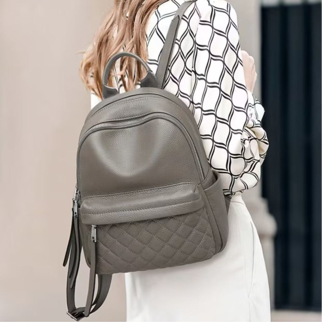 Genuine Top Layer Pebbled Cowhide Backpack for Women, New Diamond Quilted Stitching Large Capacity Commute Daypack, Off-White Casual Travel Bag for Ladies