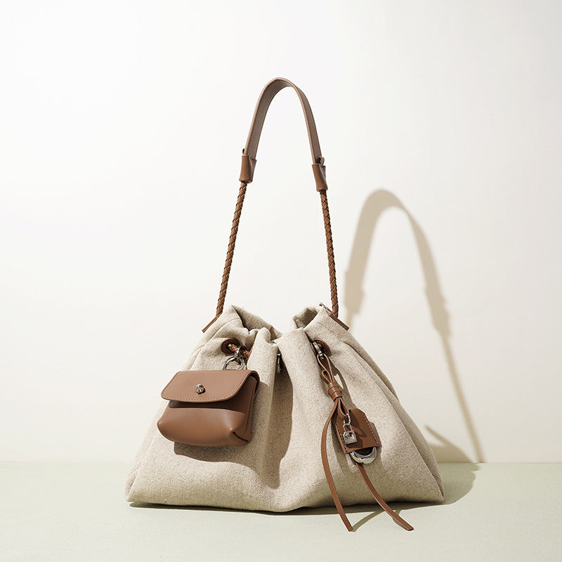 New Linen & Leather Drawstring Cloud Bag, Minimalist Casual Shoulder Crossbody Purse, Premium Versatile Handbag for Women