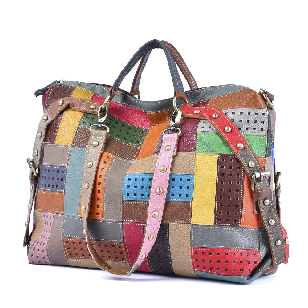 Colorful Stripe Geometric Bag in Genuine Cowhide, Random Color Block Large Capacity Shoulder Crossbody Tote, Stylish Handbag for Women