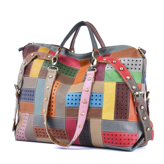 Colorful Stripe Geometric Bag in Genuine Cowhide, Random Color Block Large Capacity Shoulder Crossbody Tote, Stylish Handbag for Women