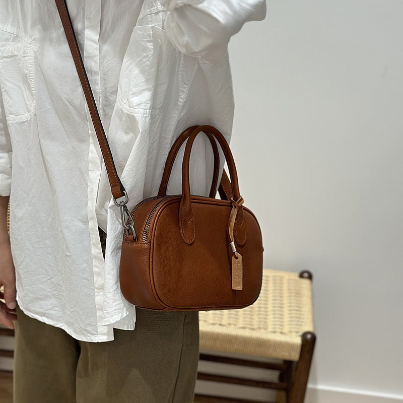 Genuine Top Layer Cowhide Handbag for Women, Fall Winter Academic Vintage Commute Shoulder Crossbody Bag, Minimalist Japanese Style Purse for Ladies