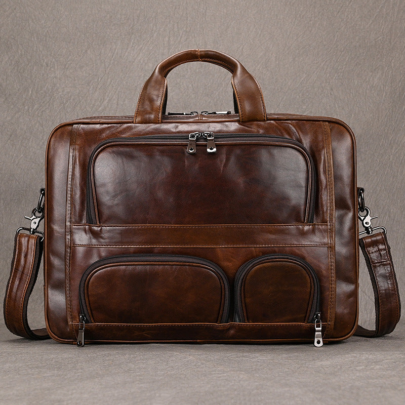 Genuine Oil Leather 17-Inch Laptop Briefcase for Men, New Large Capacity Business Top Handle Shoulder Bag, Premium Leather Work Commute Bag for Gentlemen