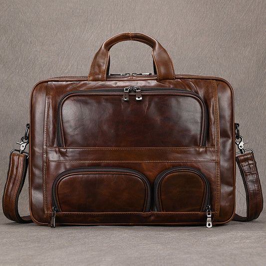 Genuine Oil Leather 17-Inch Laptop Briefcase for Men, New Large Capacity Business Top Handle Shoulder Bag, Premium Leather Work Commute Bag for Gentlemen