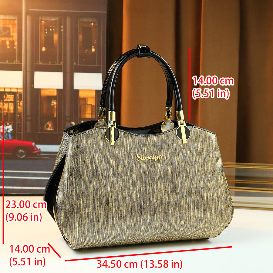 Gold-Tone Patent Leather Boston Bag for Women Large Capacity Shoulder Handbag, Vintage Luxurious Purse with Glossy Metallic Finish for Moms