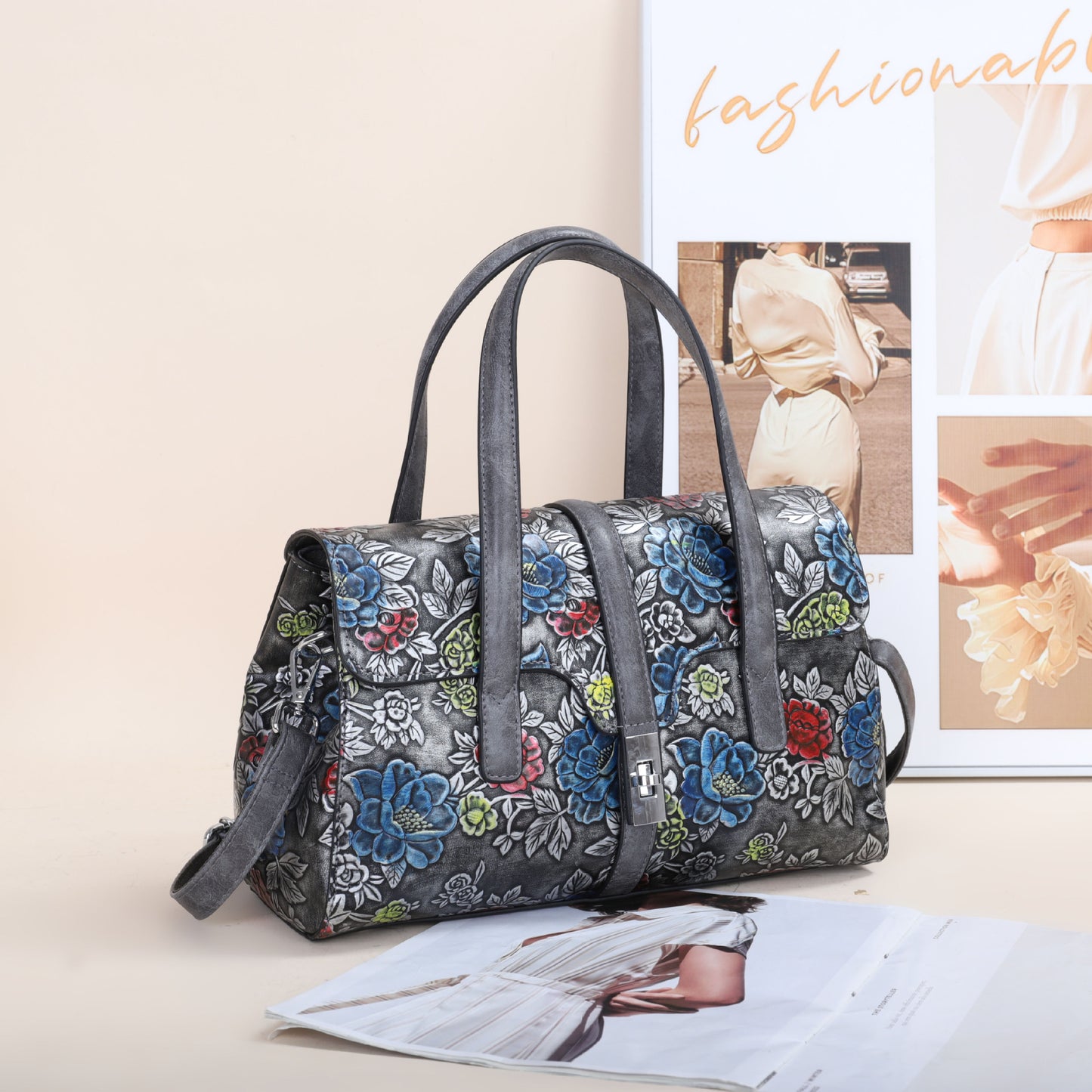 Vintage Floral Tote Bag for Women Shoulder Handbag, Blooming Flower Print Purse with Timeless Elegant Design