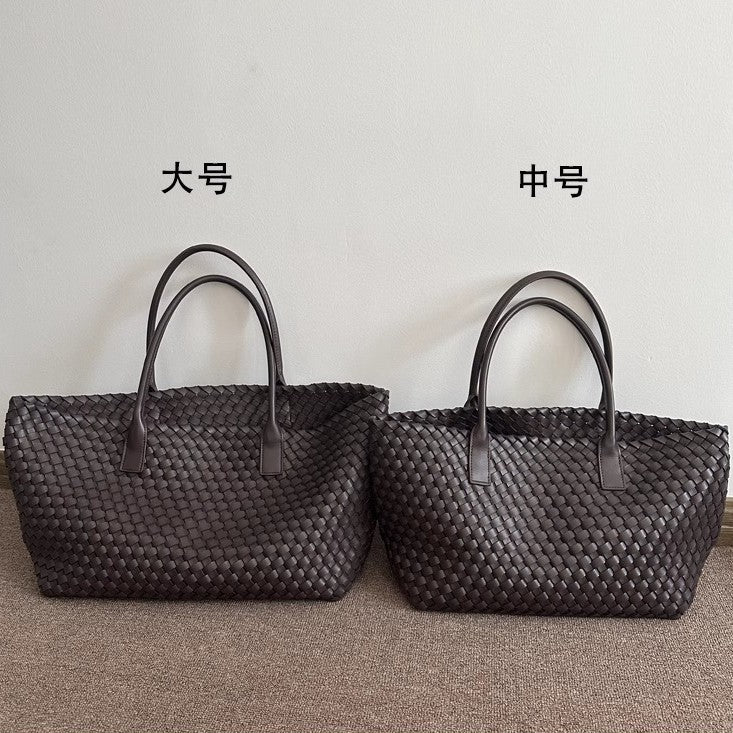 Premium Genuine Leather Woven Basket Tote Bag for Women | New Large-Capacity 2-in-1 Tote with Detachable Matching Pouch | Niche Designer Shoulder Handbag with Unique Artisan Woven Detail | Trendy Spacious Carryall for Work, Errands, Travel & Everyday