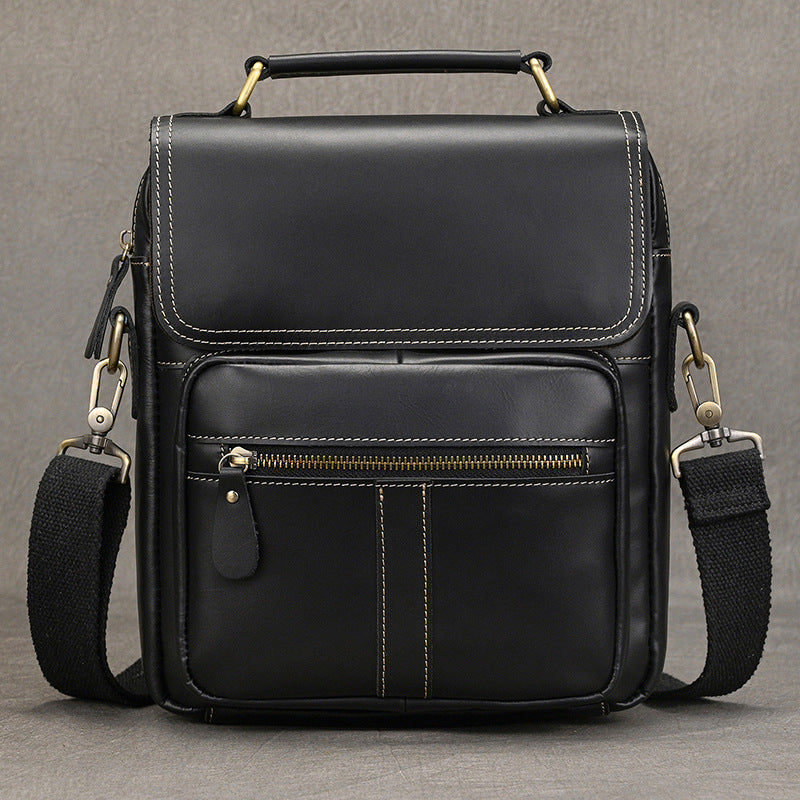 Crazy Horse Leather Vertical Crossbody Shoulder Bag, Top Layer Cowhide Outdoor Pouch with Top Handle for Men