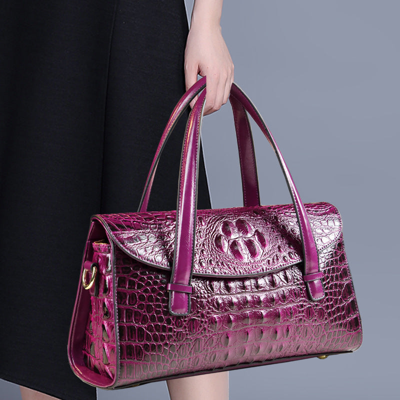 New Arrival Croc-Effect Genuine Leather Boston Pillow Bag for Women, A Fashionable Shoulder Crossbody Top-Handle Handbag Perfect for Moms