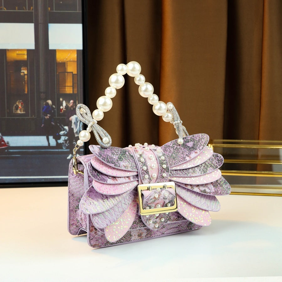 Butterfly Wing Mini Square Bag for Women with Pearl Chain, Trendy Shoulder Crossbody Handbag with Versatile Fashion Design