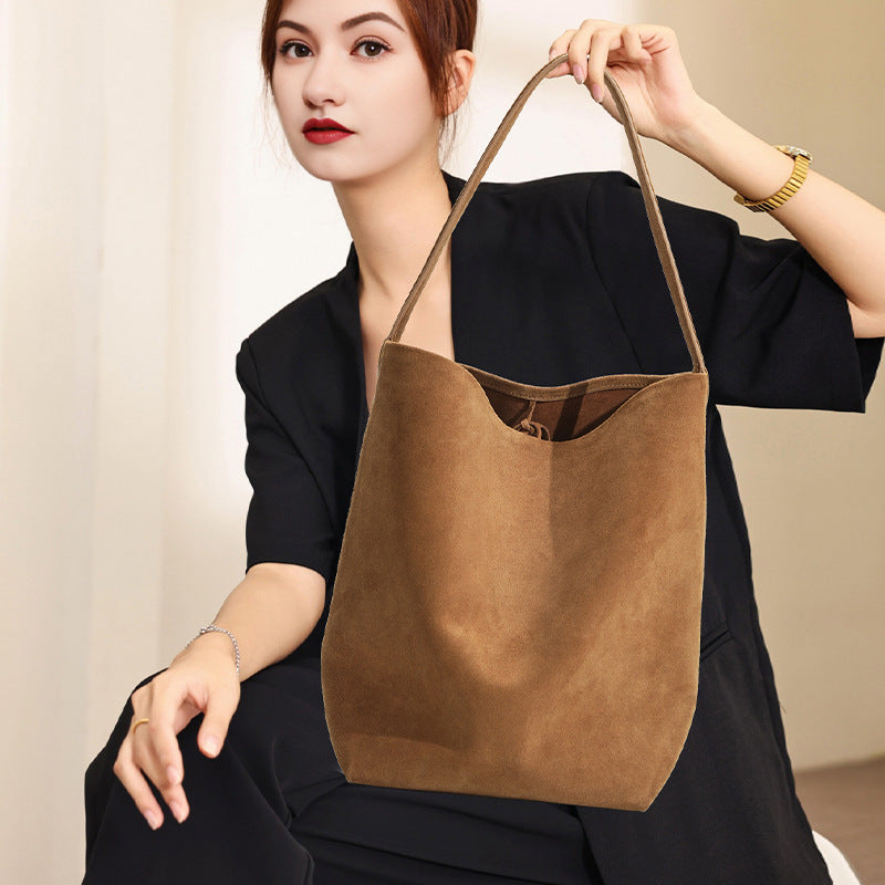Genuine Matte Leather Bucket Bag for Women, Niche Versatile Solid Color Commute Shoulder Top Handle Purse, Premium Large Capacity Handbag for Ladies