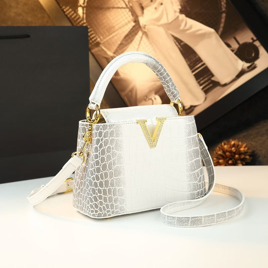 New Arrival Croc-Effect Genuine Leather Bucket Bag for Women, A Trendy Top-Handle Shoulder Crossbody Handbag with Fashionable Premium Design