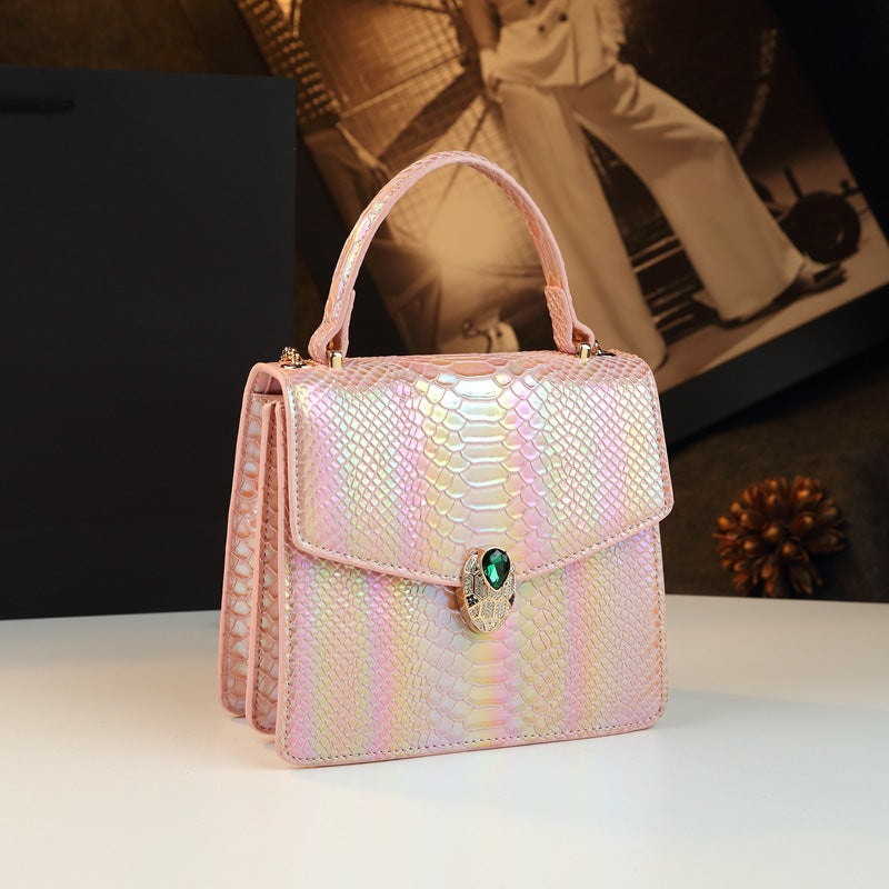 Genuine Leather Ostrich-Embossed Snake Head Mini Bag for Women, Light Luxury Accordion Chain Shoulder Crossbody Purse, Elegant Small Square Bestseller for Ladies