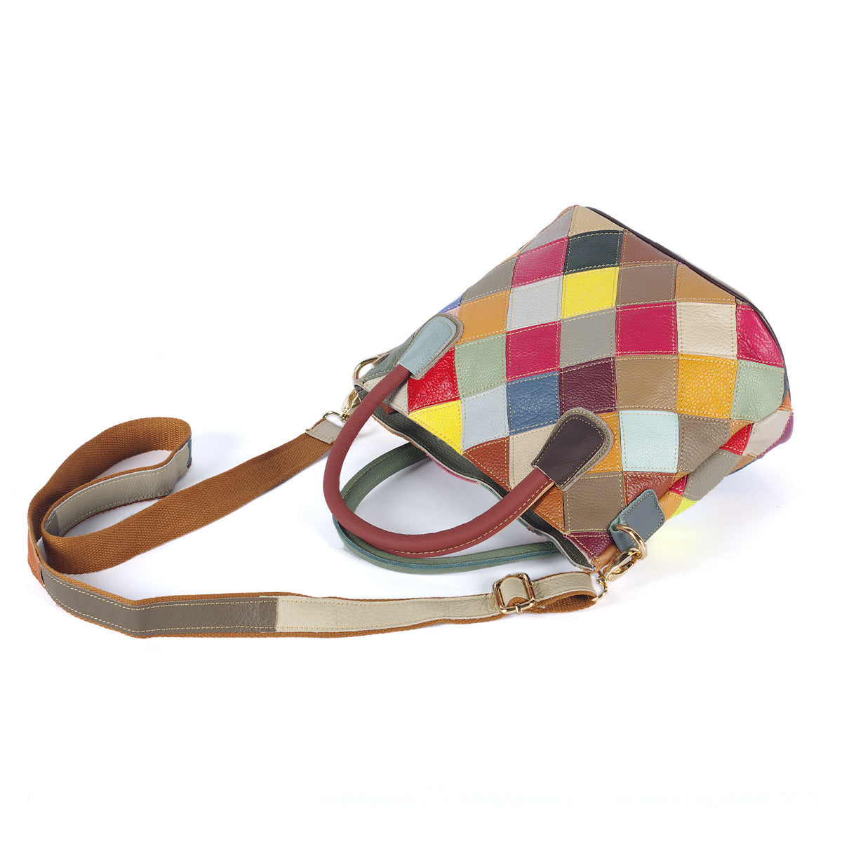 Genuine Leather Colorful Plaid Patchwork Handbag for Women, Ethnic Casual Shoulder Crossbody Top Handle Purse, Color Block Designer Bag for Ladies