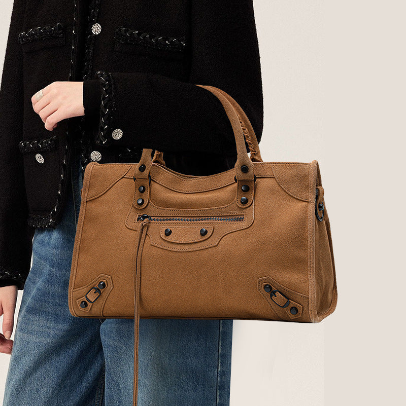Genuine Matte Cowhide Biker Bag for Women, New Vintage Style Premium Top Handle Crossbody Purse, Fashionable Trendy Versatile Handbag for Ladies