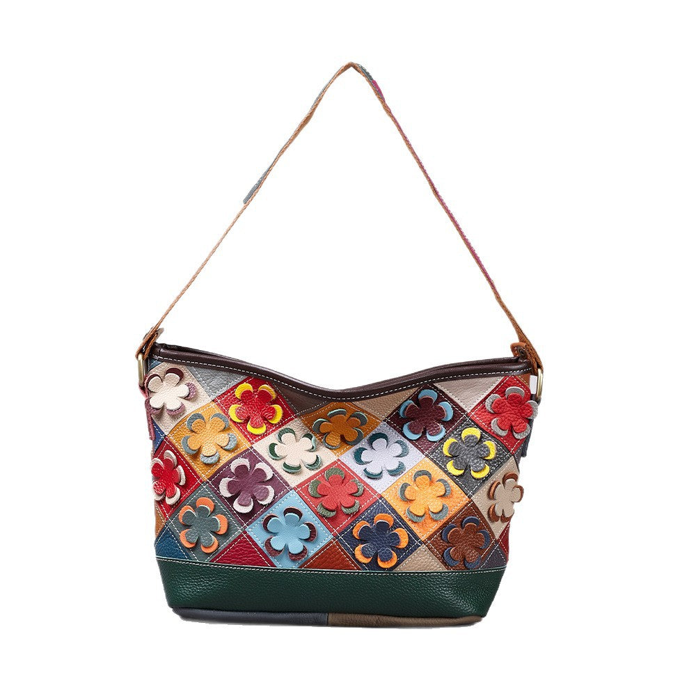 Genuine Cowhide Handmade Patchwork Diamond Quilted Floral Handbag for Women, New Arrival Top Handle Crossbody Purse, Trendy Casual Bag for Ladies