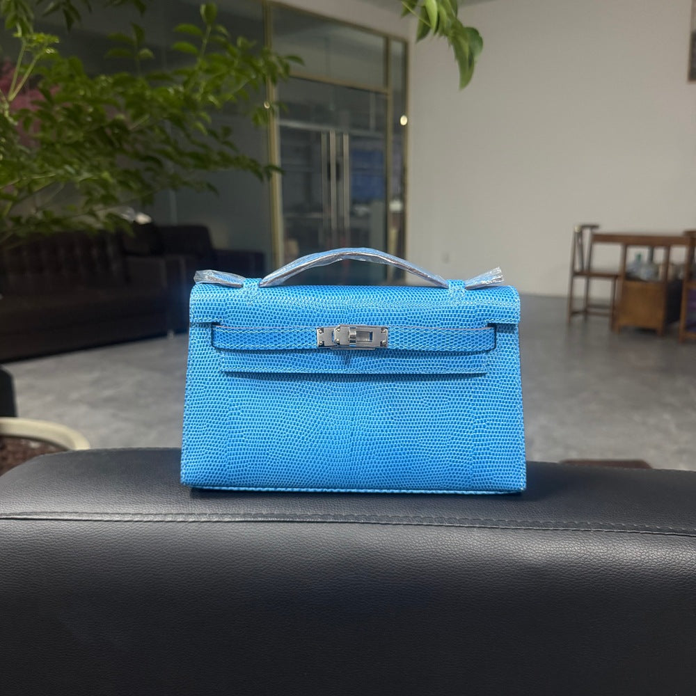 Genuine Top Layer Cowhide Lizard-Embossed Kelly-Style 22H Bag for Women, Hand-Stitched Waxed Thread with Lambskin Lining, Full Steel Hardware Square Purse for Ladies