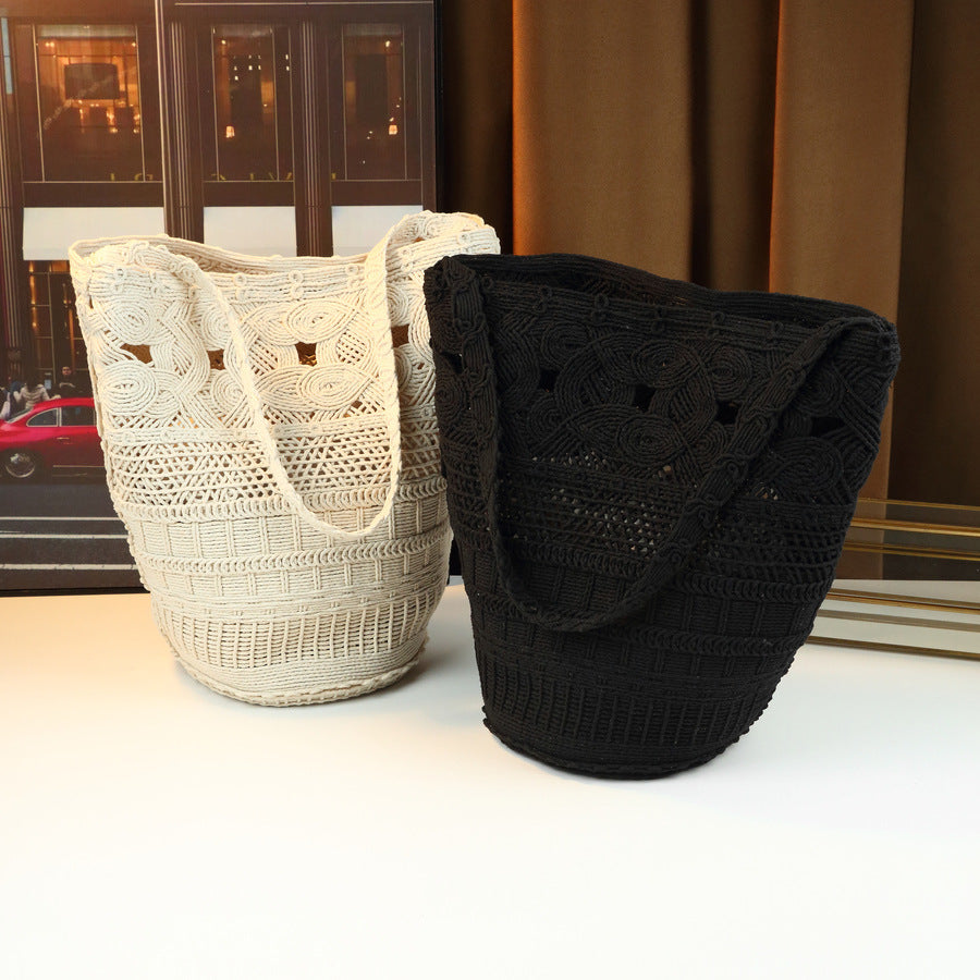 Hollow Woven Beach Tote Set for Women Large Capacity Shoulder Underarm Bag, Casual Korean Style Canvas Sub-Bag with Vacation-Ready Design