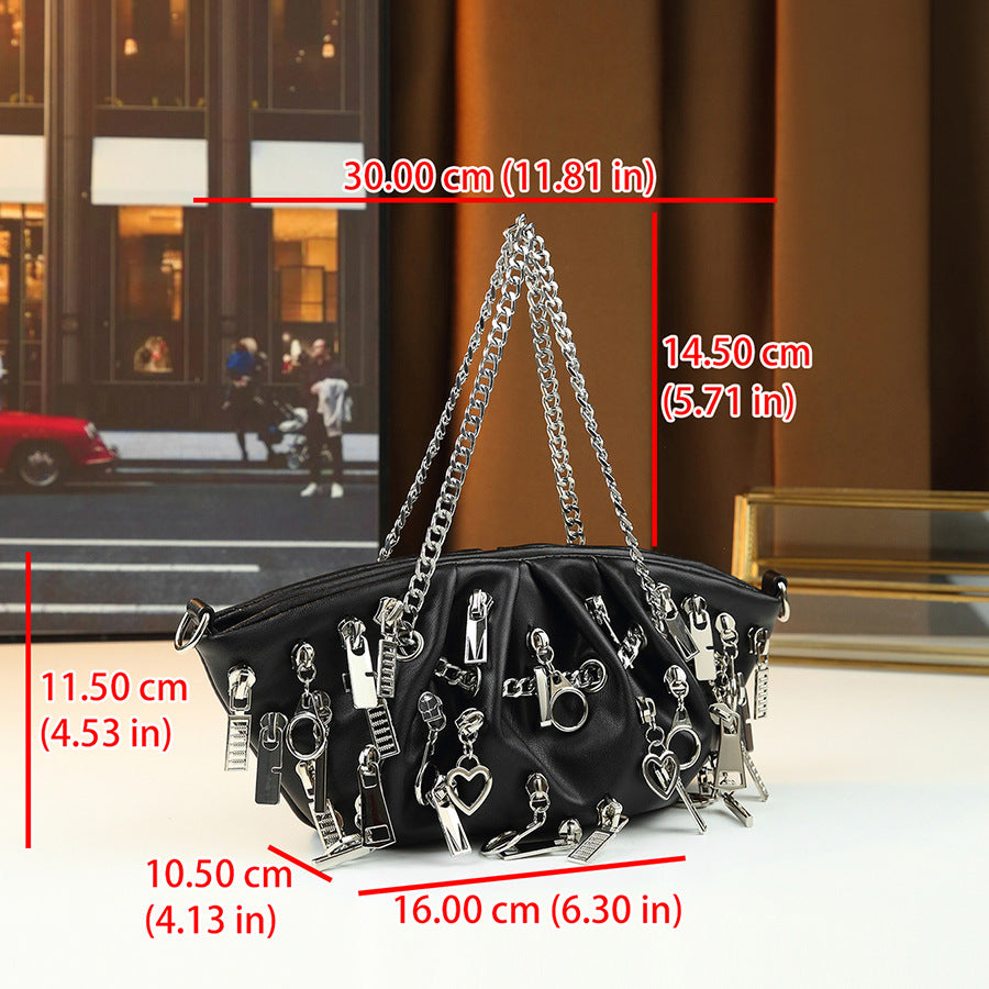 Punk Black Pleated Cloud Dumpling Bag for Women Chain Shoulder Crossbody Handbag, Edgy Zipper Detail Purse with Cool Street Style