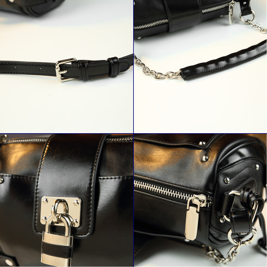 Vintage Biker Lock Stud Tote Bag for Women Large Capacity Shoulder Crossbody Handbag, Edgy Hardware Purse with Versatile Style