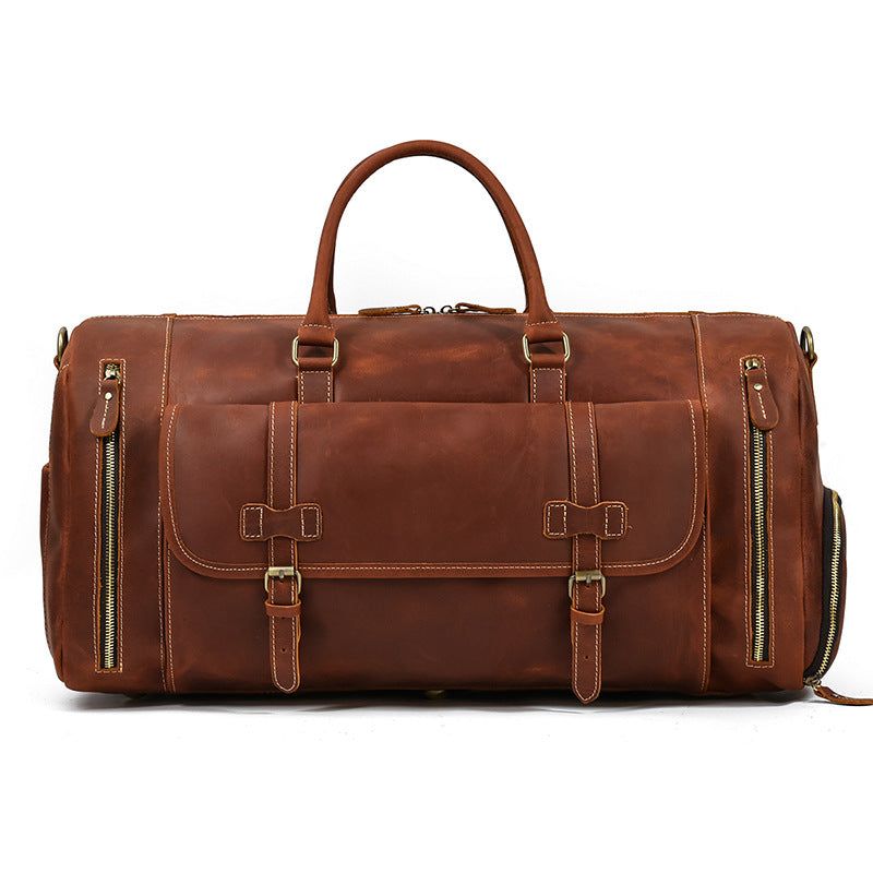 Large Capacity Crazy Horse Leather Travel Duffle with Shoe Compartment, Top Handle Shoulder Crossbody Luggage Bag for Men