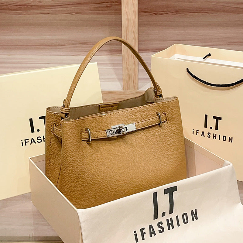 Genuine Leather Kelly-Style Bag for Women, New Early Spring Fashionable Shoulder Crossbody Top Handle Purse, Versatile Trendy Commute Handbag, Light Luxury for Ladies