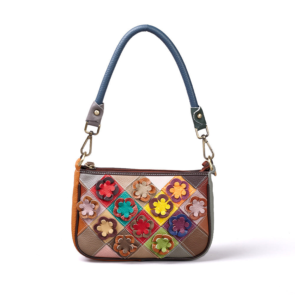 New Handmade Color Block Top Layer Cowhide Bag, Crossbody Top Handle Small Purse, Versatile Wristlet Handbag for Women