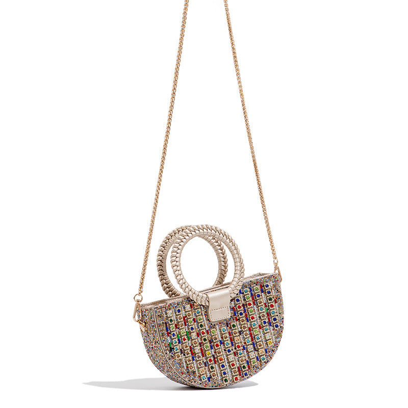 New Semi-Circle Rhinestone Top-Handle Bag for Women, Sparkly Crystal Shoulder Purse, Light Luxury Evening Handbag for Parties & Banquets