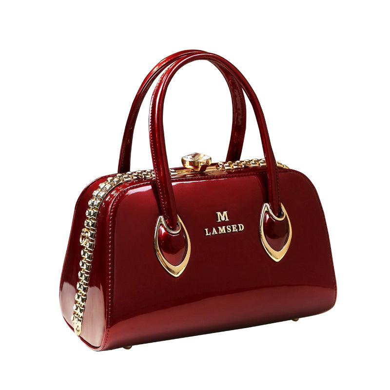 Women's Patent Leather Handbag Shiny Shoulder Crossbody Bag for Middle-Aged Ladies Fashion Mom Purse Light Luxury Top Handle Clasp Bag