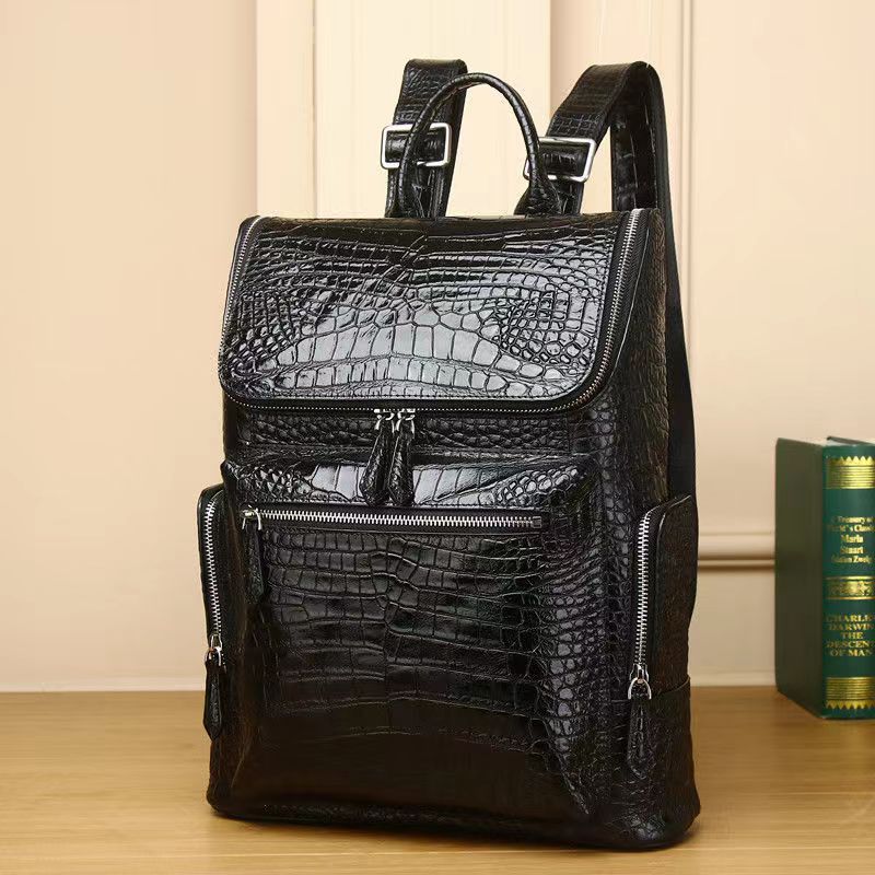 Premium Genuine Leather Croc-Effect Backpack for Men, Large Capacity Business Travel Laptop Bag with High-End Casual Style, Perfect Work & Weekend Bag