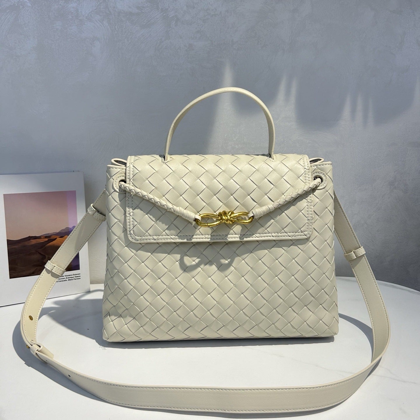 Genuine Leather Woven Tote with Butterfly Gold Buckle Flap, Large Commuter Shoulder & Crossbody Bag for Women