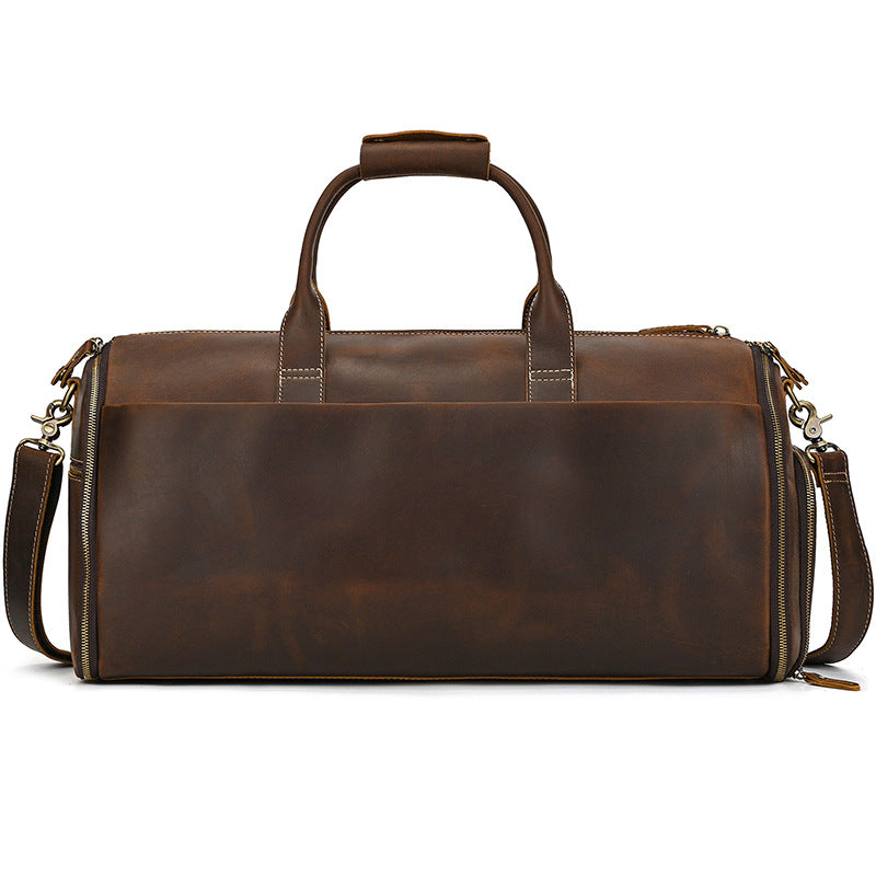 Multifunctional Crazy Horse Leather Travel Duffle, Foldable Suit Garment Bag with Wet-Dry Separation, Premium Gym Weekender for Men