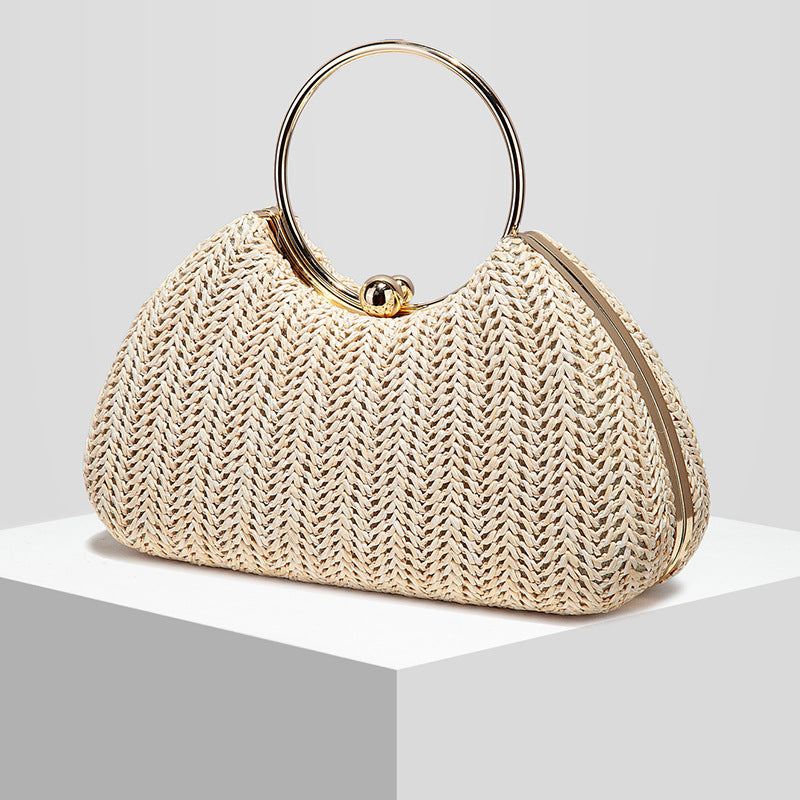 Chic Woven Straw Stripe Evening Clutch for Women, A Box-Style Banquet Bag with Top Handle Perfect for Weddings Formal Dresses & Special Occasions