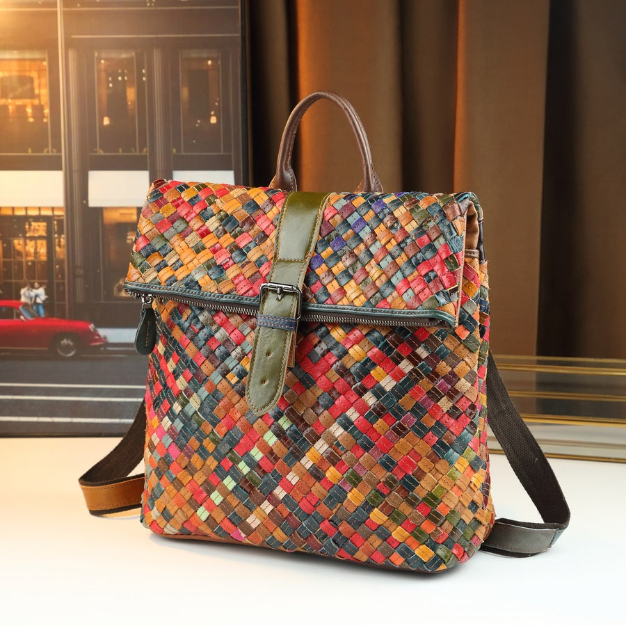 Handwoven Colorful Cowhide Bag for Women Genuine Leather Shoulder Crossbody Handbag, Artisan Purse with Vibrant Handcrafted Design