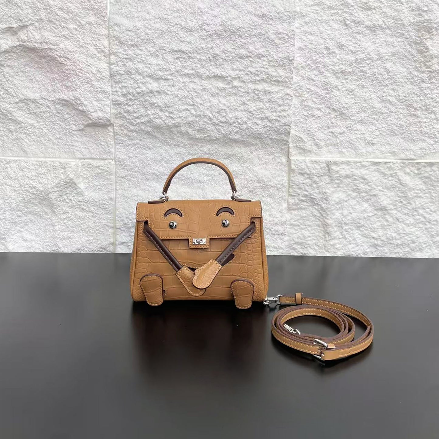 Genuine Leather Crocodile-Embossed Doll Kelly-Style Bag for Women, Hand-Stitched Waxed Thread Niche Fashion Top Handle Shoulder Crossbody Purse, Trendy Handbag for Ladies