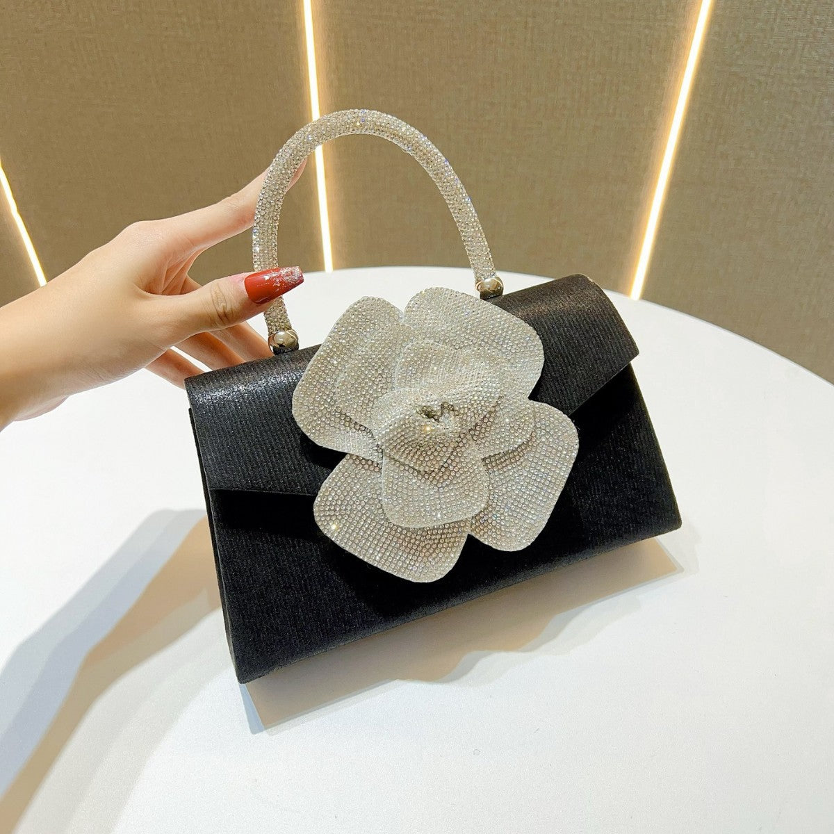 Chic Rhinestone Rose Banquet Bag for Women, A Unique Crystal-Embellished Top-Handle Crossbody Purse with Sparkly Design, Perfect for Parties & Special Occasions