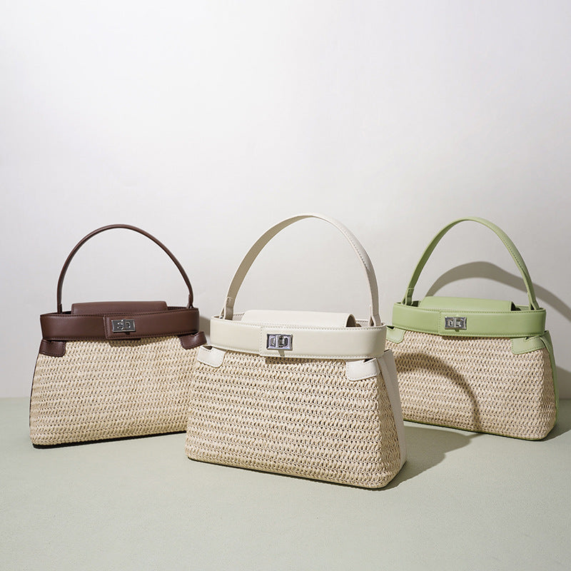 Resort Style Straw Woven Leather Patchwork Bag, Niche Design Shoulder Crossbody Top Handle Purse, Premium Handbag for Women
